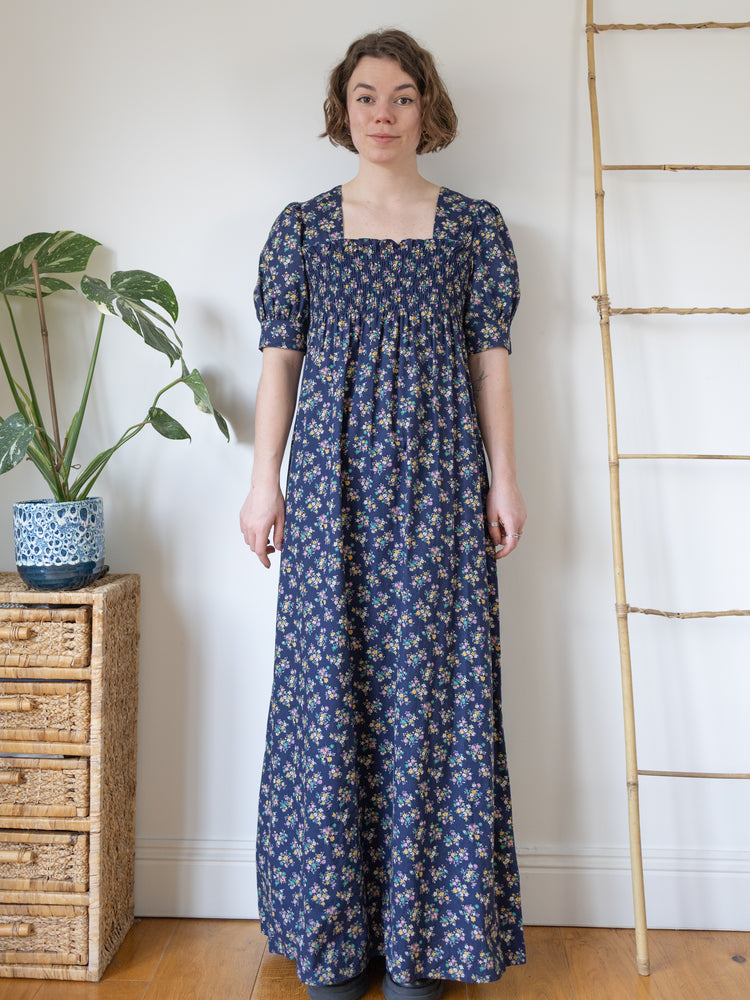 Navy Floral Smocked Maxi Dress - S