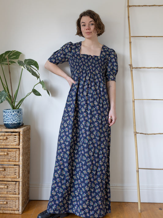 Navy Floral Smocked Maxi Dress - S
