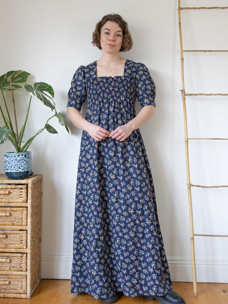 Navy Floral Smocked Maxi Dress - S