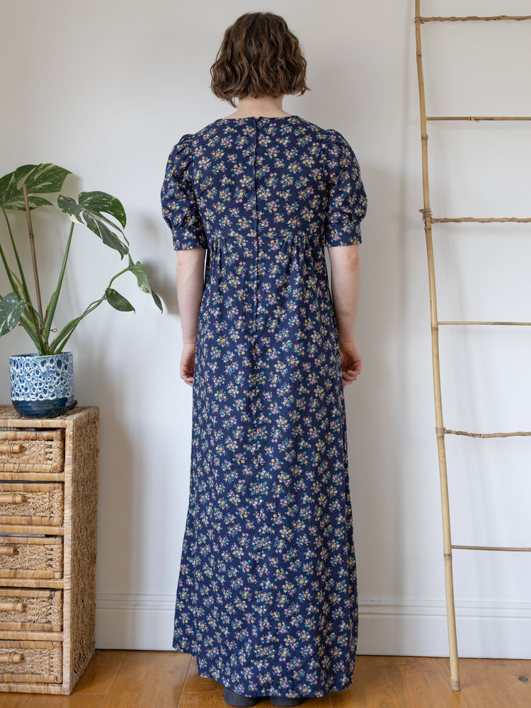 Navy Floral Smocked Maxi Dress - S