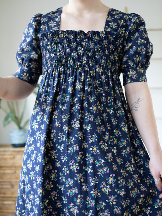 Navy Floral Smocked Maxi Dress - S