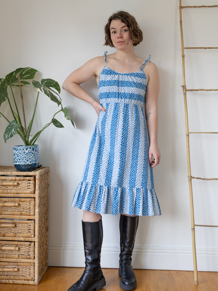 Blue & White Floral Cotton Sundress - S