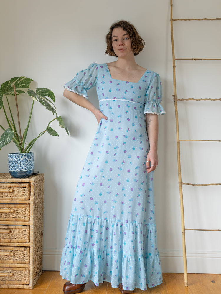 Blue Floral Tiered Maxi Dress - S