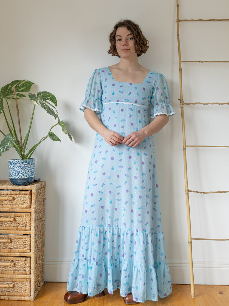 Blue Floral Tiered Maxi Dress - S