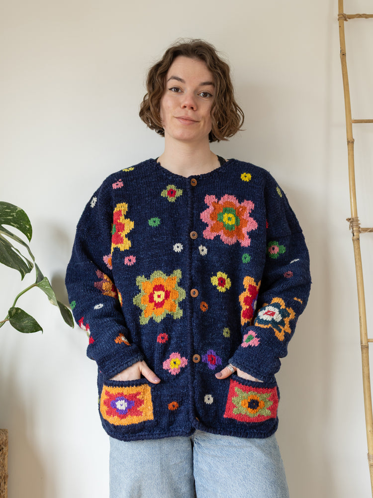 Navy Abstract Floral Cardigan - XL