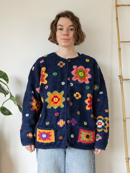 Navy Abstract Floral Cardigan - XL