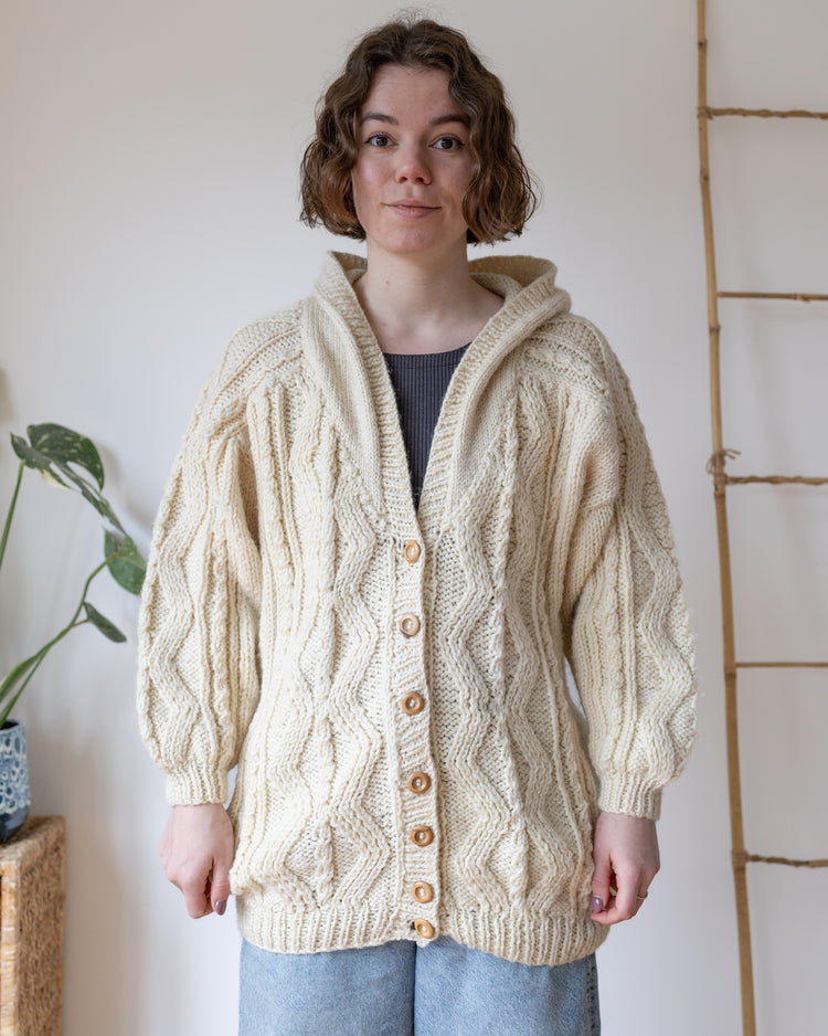 Hooded Aran Cardigan - L