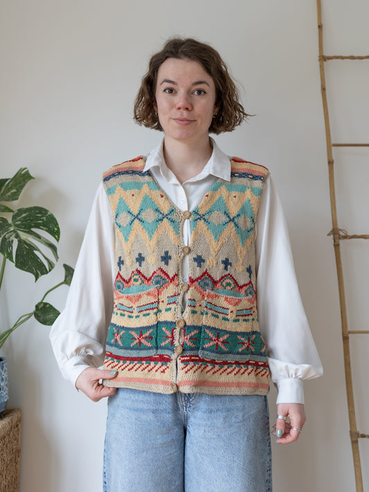 Beige Funky Patterned Cotton Vest - M/L