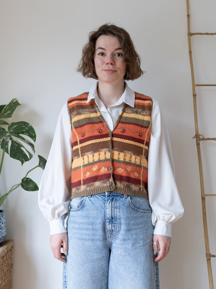 Floral Embroidered Cotton Vest - M