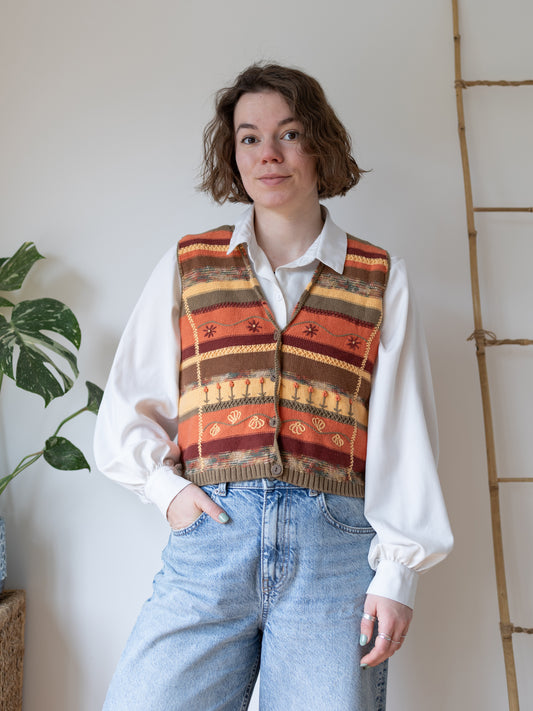 Floral Embroidered Cotton Vest - M