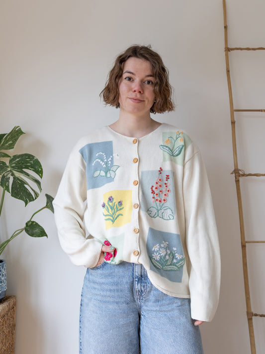 Floral Embroidered Cotton Cardigan - L