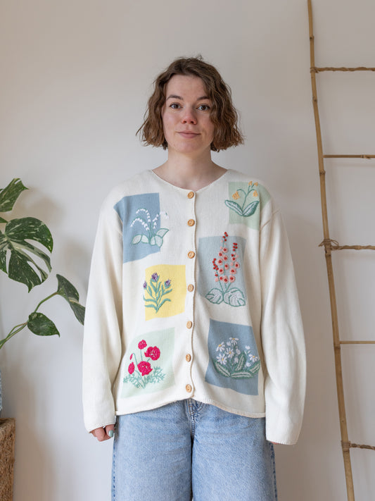 Floral Embroidered Cotton Cardigan - L