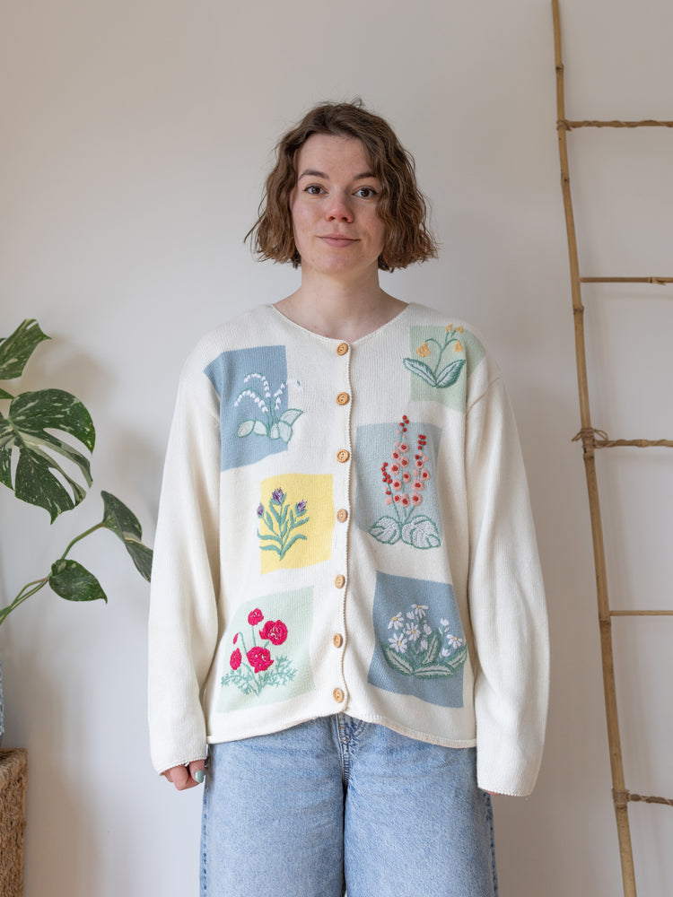 Floral Embroidered Cotton Cardigan - L