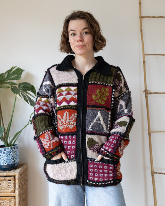 Autumnal Patchwork Wool Cardigan - XL