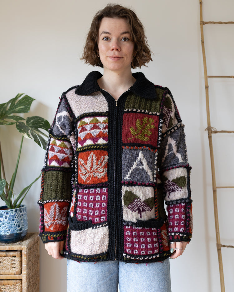 Autumnal Patchwork Wool Cardigan - XL
