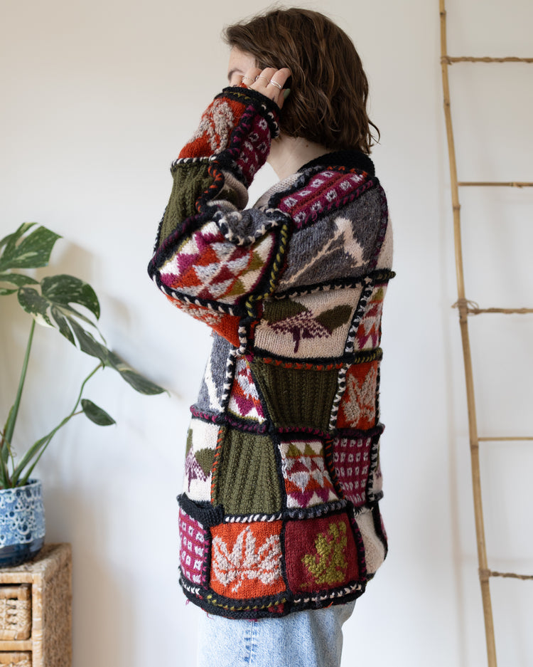 Autumnal Patchwork Wool Cardigan - XL