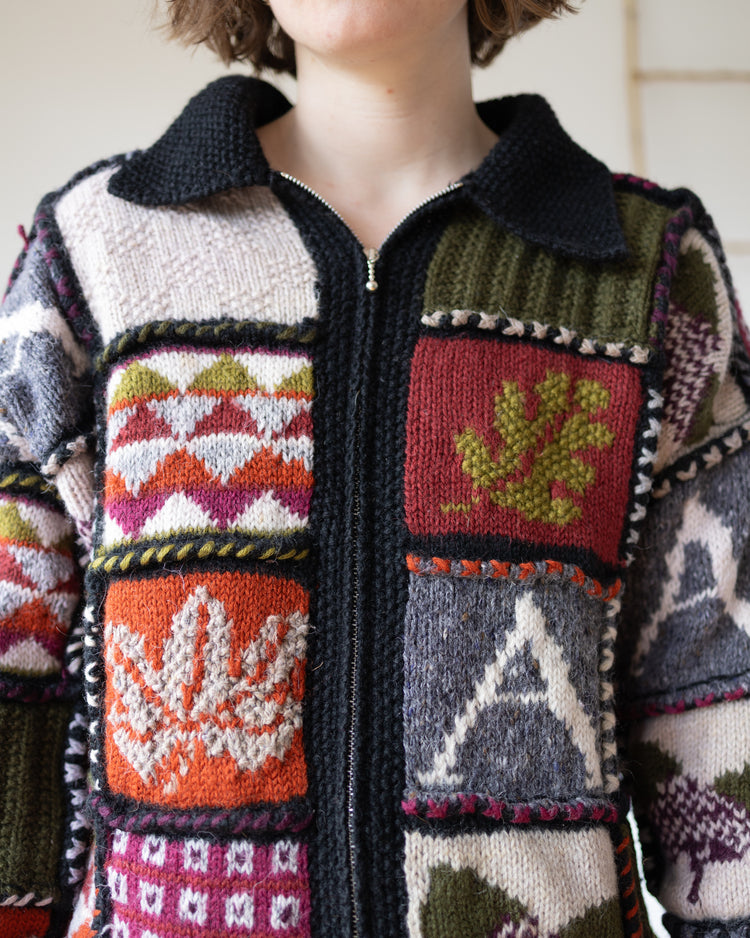 Autumnal Patchwork Wool Cardigan - XL