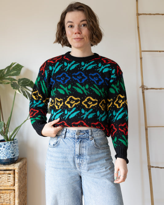 Black Colourful Floral Jumper - S
