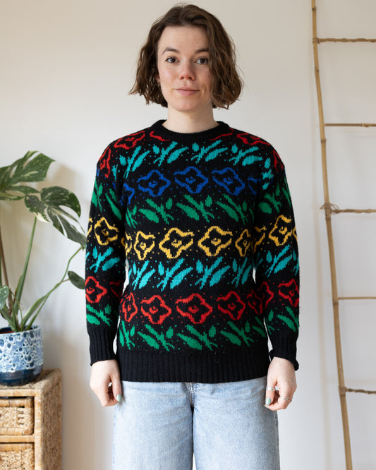 Black Colourful Floral Jumper - S