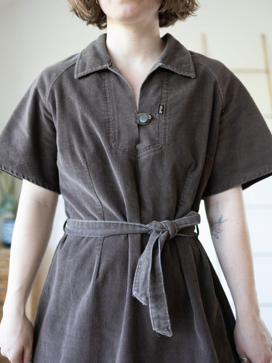 Brown Corduroy Midi Dress - L