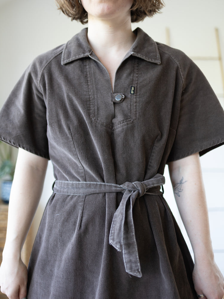 Brown Corduroy Midi Dress - L