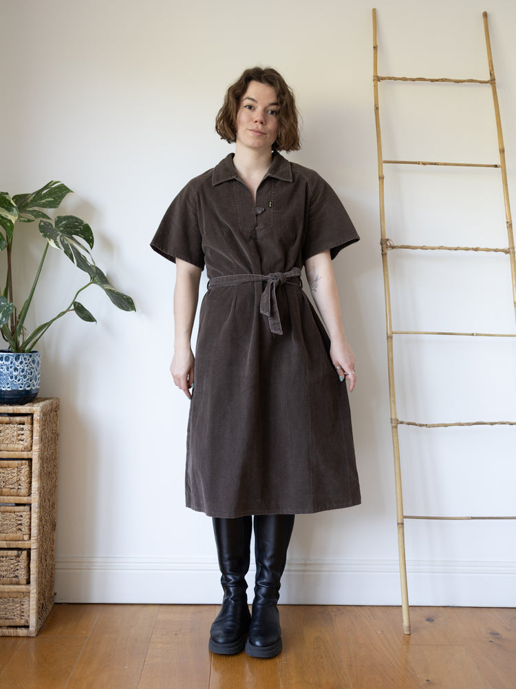 Brown Corduroy Midi Dress - L