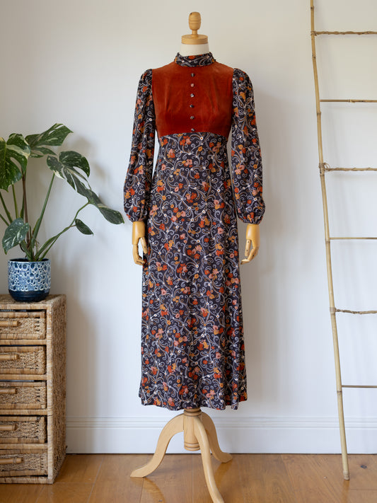 Brown & Orange Floral Maxi Dress - XS