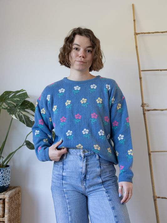 Blue Cotton Floral Jumper - S