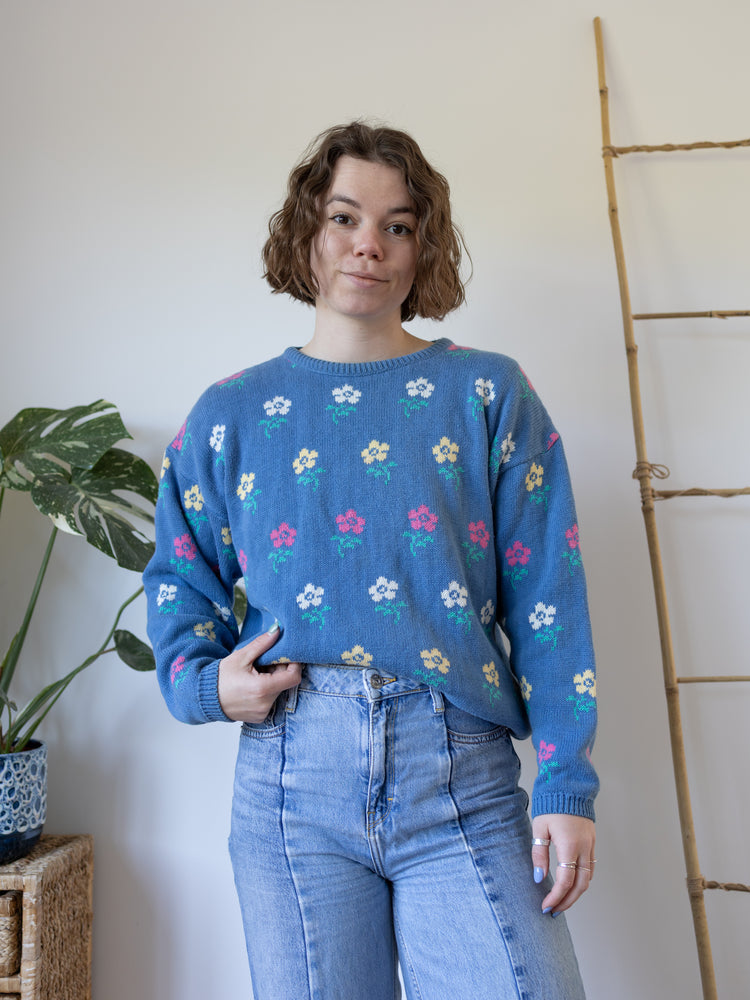Blue Cotton Floral Jumper - S