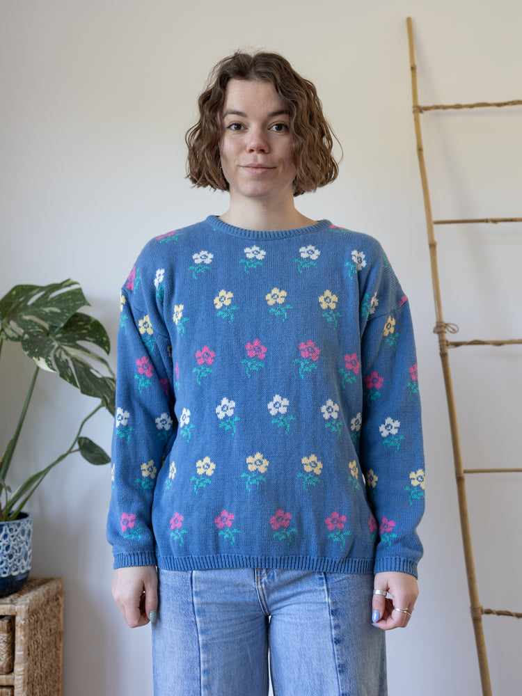 Blue Cotton Floral Jumper - S