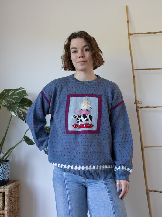 Blue Cotton Farmyard Jumper - L