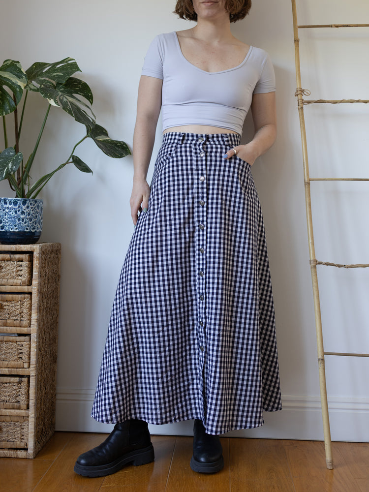 Navy Checkered Maxi Skirt - 28"