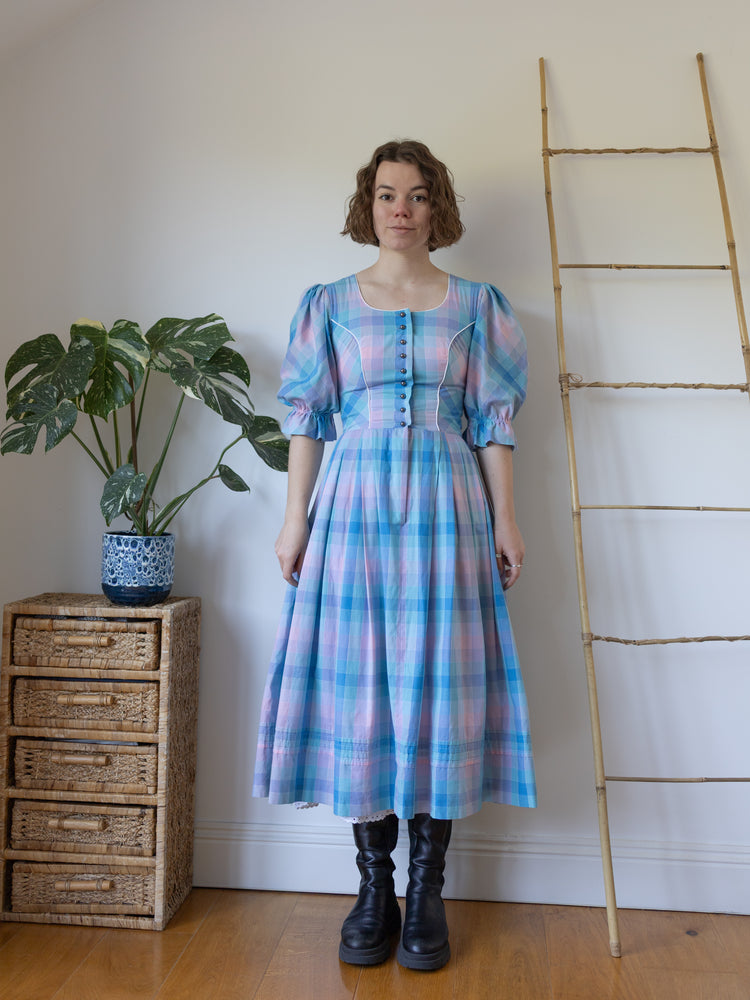Blue & Pink Checkered Dirndl Dress - S