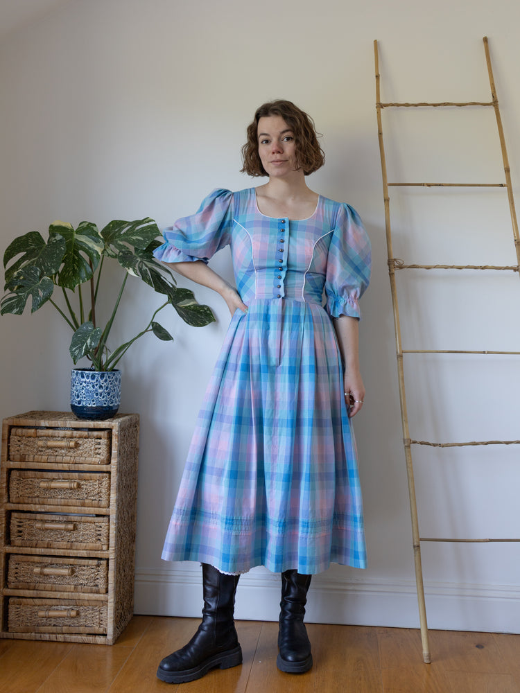 Blue & Pink Checkered Dirndl Dress - S