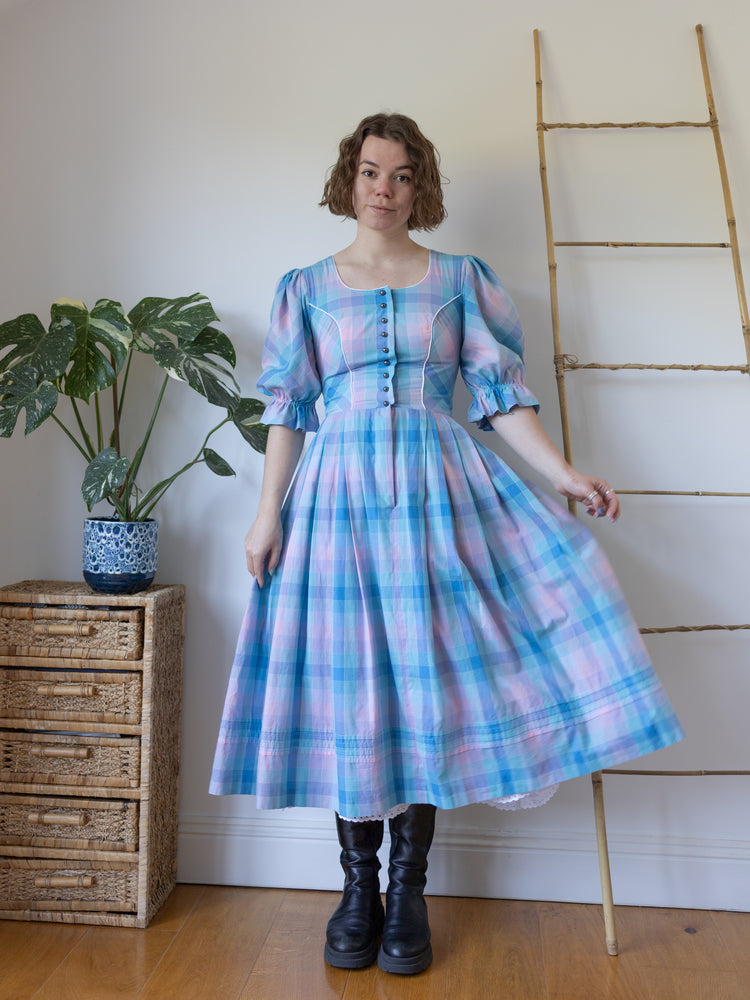 Blue & Pink Checkered Dirndl Dress - S