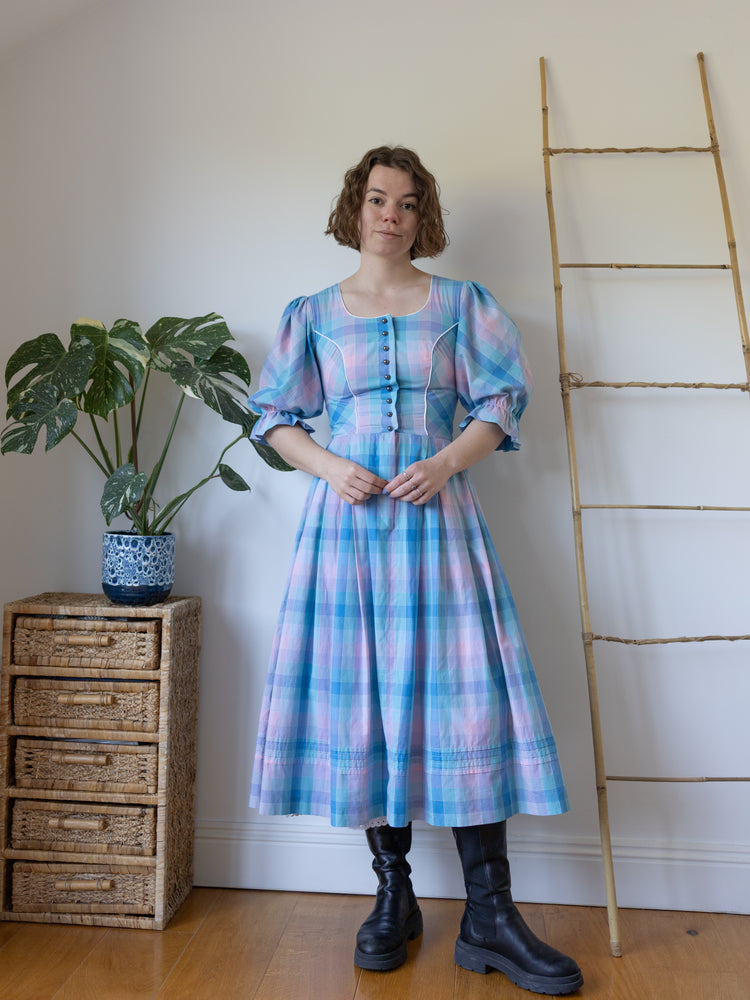 Blue & Pink Checkered Dirndl Dress - S