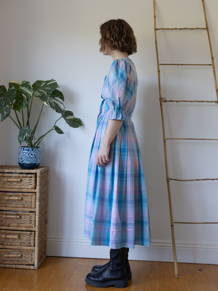 Blue & Pink Checkered Dirndl Dress - S