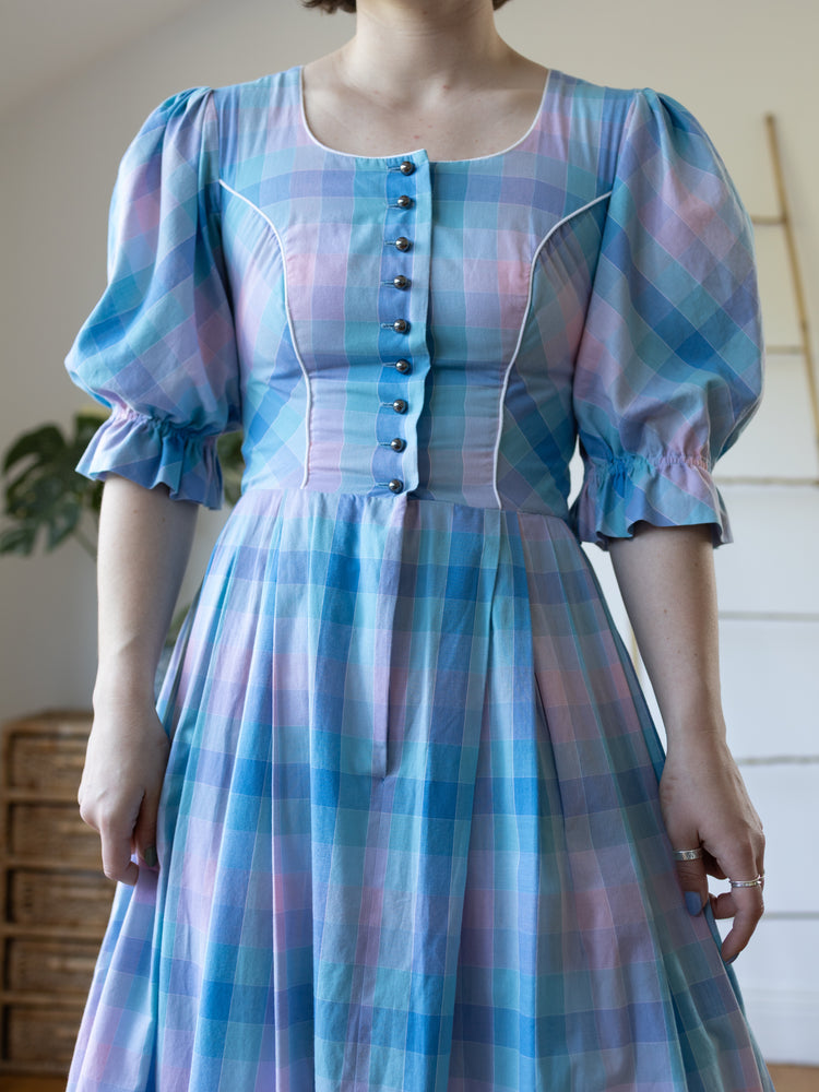 Blue & Pink Checkered Dirndl Dress - S