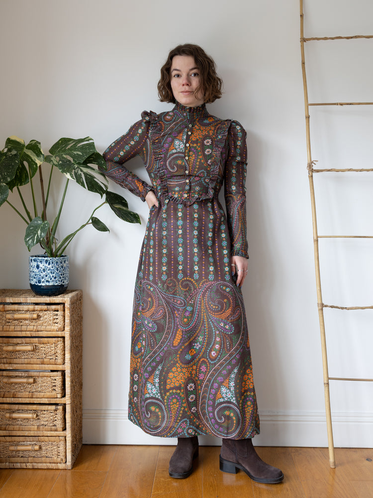 Brown Ditsy Floral Paisley Dress - S