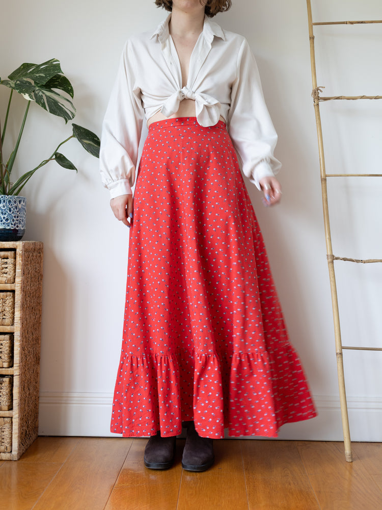 Red Ditsy Floral Maxi Skirt - 28"