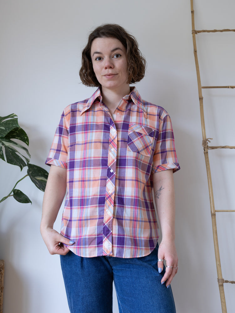 Peach & Purple Plaid Shirt - M