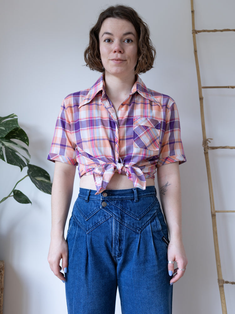 Peach & Purple Plaid Shirt - M