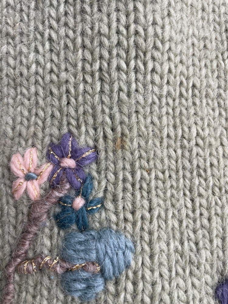 90s Sage Green Tree Embroidered Wool Cardigan - XXL