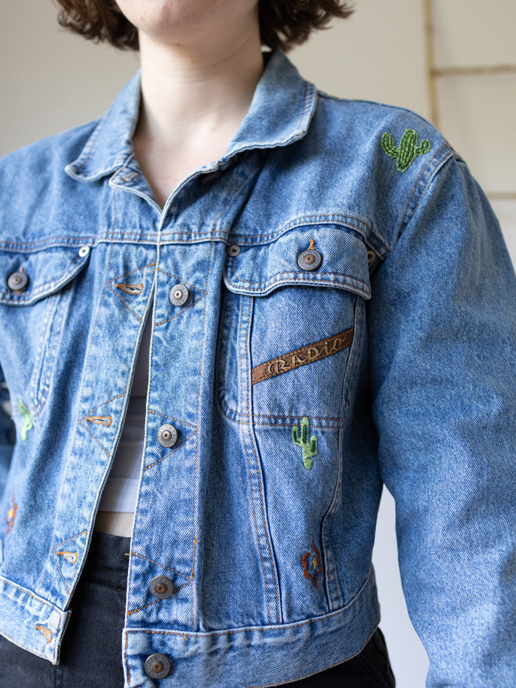 Hand Embroidered Western Denim Jacket - S/M