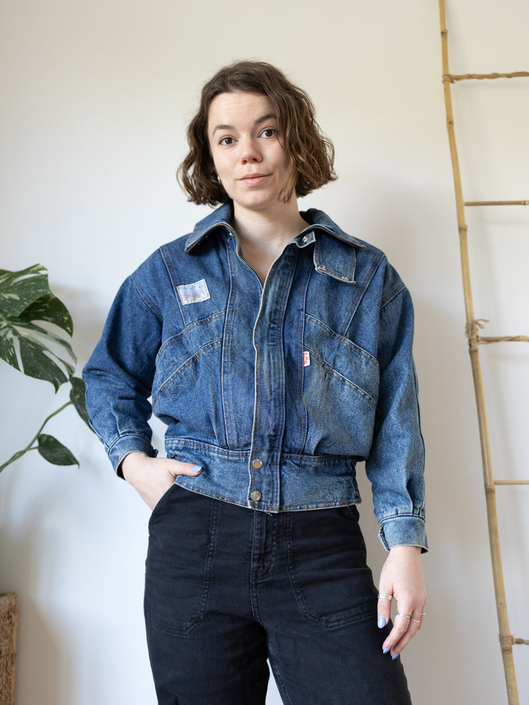 Cropped Denim Bomber Jacket - M/L