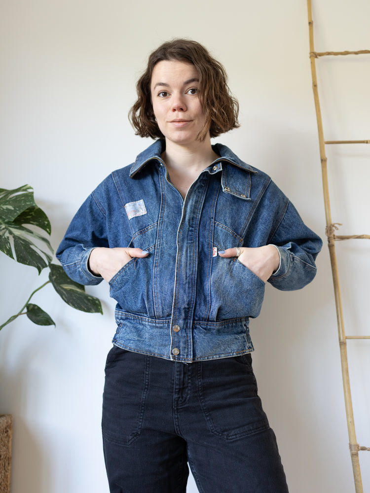 Cropped Denim Bomber Jacket - M/L