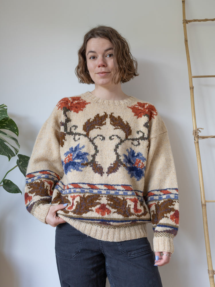 Cream Floral Wool Jumper - XL