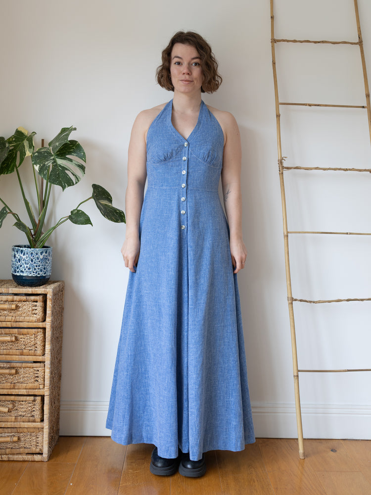 Chambray Cotton Halterneck Dress - S