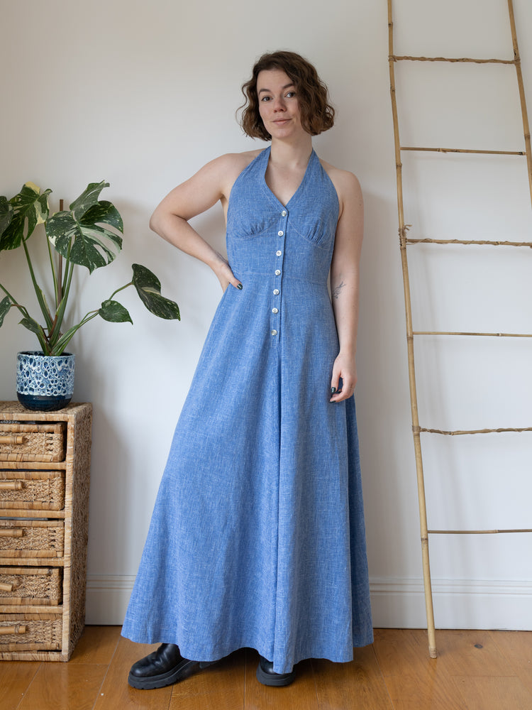 Chambray Cotton Halterneck Dress - S