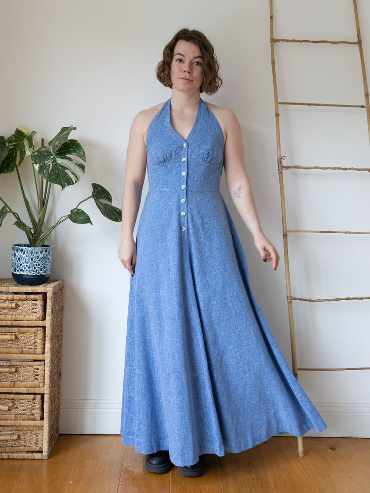 Chambray Cotton Halterneck Dress - S